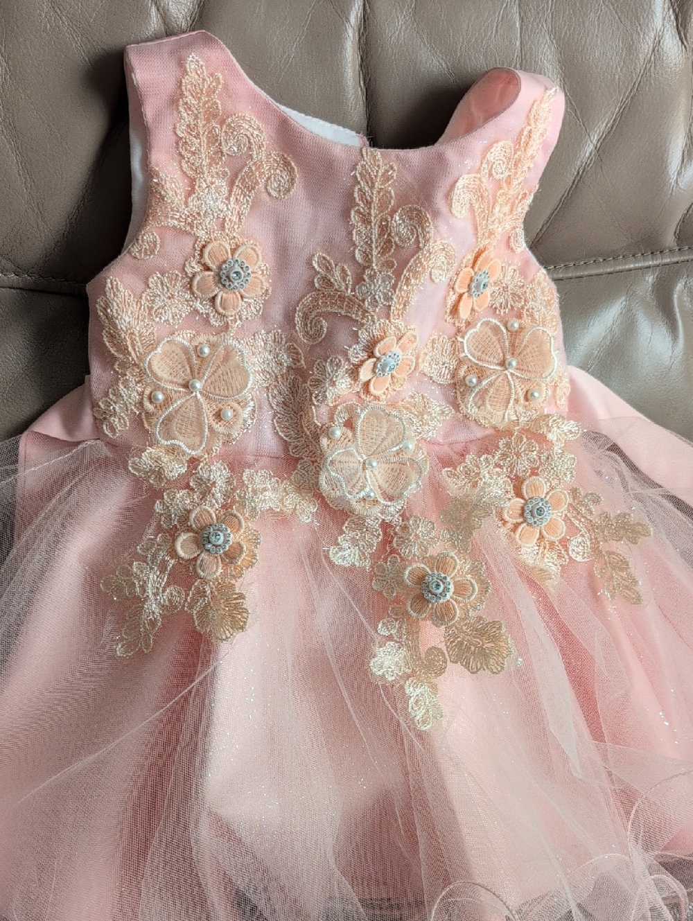 Light Peach Floral Applique Tulle Baby Dress Size 18M - Picture 15 of 15